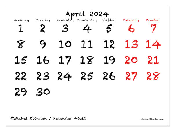 Kalender april 2024, 46MZ. Gratis printbaar schema.