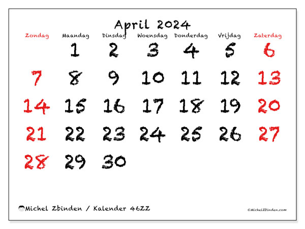 Kalender april 2024 “46”. Gratis afdrukbaar programma.. Zondag tot zaterdag