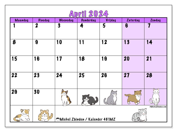 Kalender april 2024 “481”. Gratis printbaar schema.. Maandag tot zondag