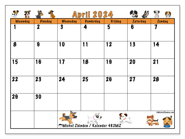 Kalender april 2024 “482”. Gratis af te drukken agenda.. Maandag tot zondag