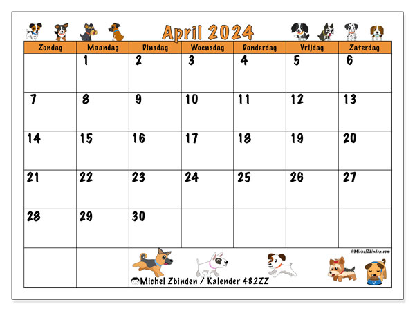 Kalender april 2024 “482”. Gratis af te drukken agenda.. Zondag tot zaterdag