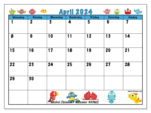 Kalender april 2024 “483”. Gratis printbare kaart.. Maandag tot zondag