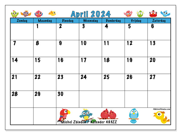Kalender april 2024 “483”. Gratis printbare kaart.. Zondag tot zaterdag