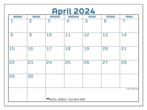 Kalender april 2024 “49”. Gratis printbaar schema.. Maandag tot zondag
