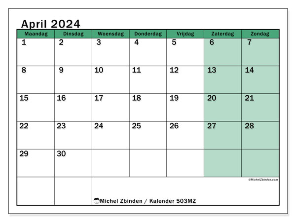 Kalender april 2024, 503ZZ. Gratis printbaar schema.
