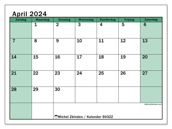 Kalender april 2024, 503ZZ. Gratis printbaar schema.