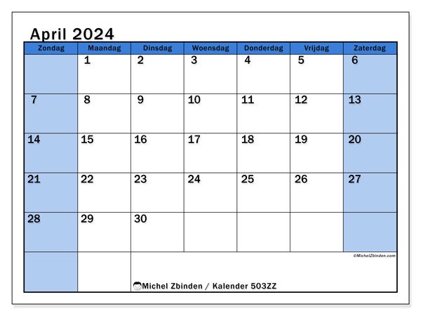 Kalender april 2024 “504”. Gratis afdrukbare kalender.. Zondag tot zaterdag