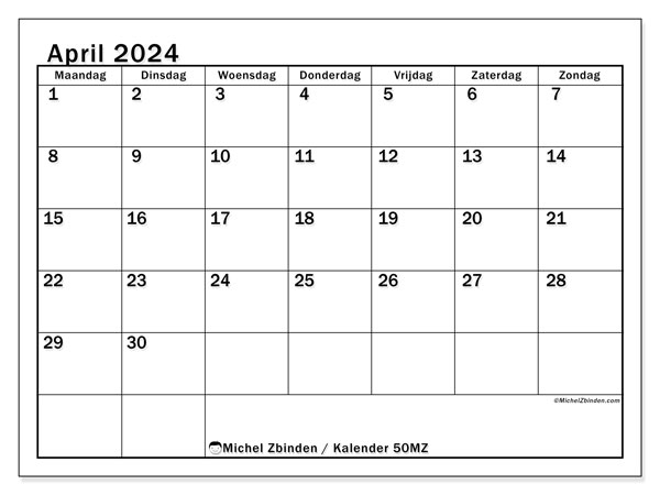 Kalender april 2024, 50ZZ. Gratis printbaar schema.
