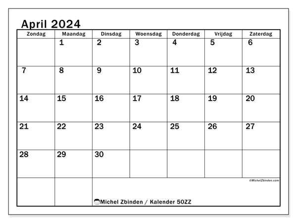 Kalender april 2024 “50”. Gratis afdrukbaar programma.. Zondag tot zaterdag