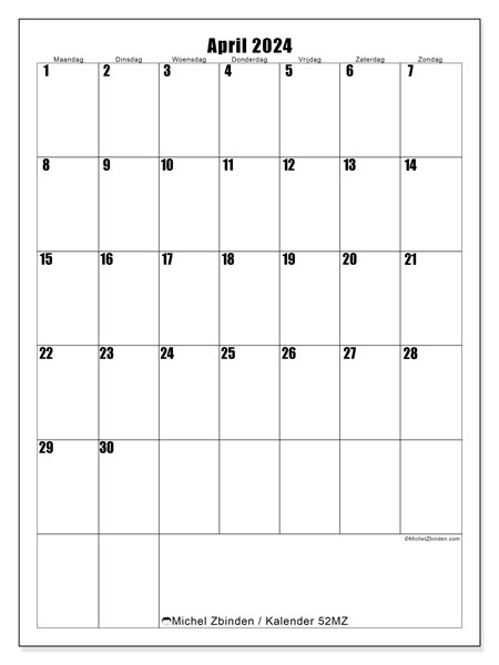 Kalender april 2024 “52”. Gratis afdrukbare kalender.. Maandag tot zondag