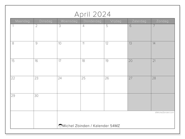 Kalender april 2024 “54”. Gratis afdrukbare kalender.. Maandag tot zondag