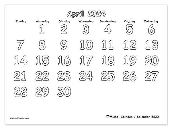 Kalender april 2024 “56”. Gratis afdrukbare kalender.. Zondag tot zaterdag