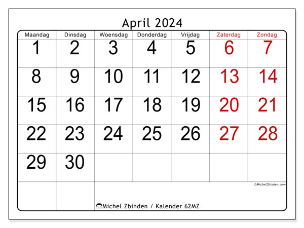 Kalender april 2024 “62”. Gratis afdrukbare kalender.. Maandag tot zondag