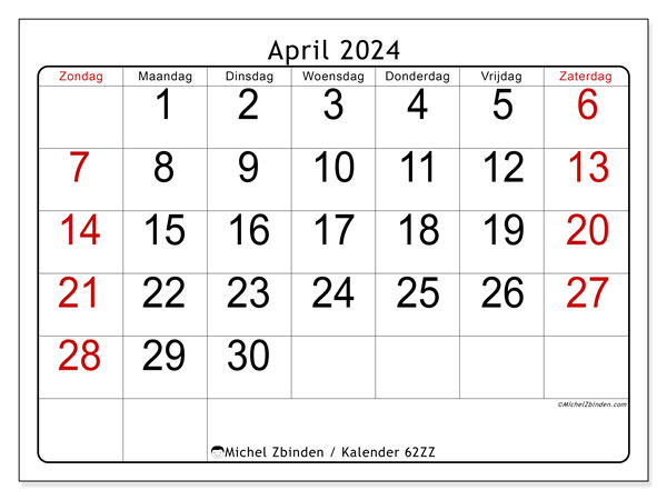 Kalender april 2024, 62ZZ. Gratis printbaar schema.