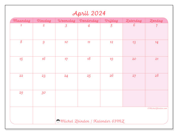 Kalender april 2024 “63”. Gratis af te drukken agenda.. Maandag tot zondag