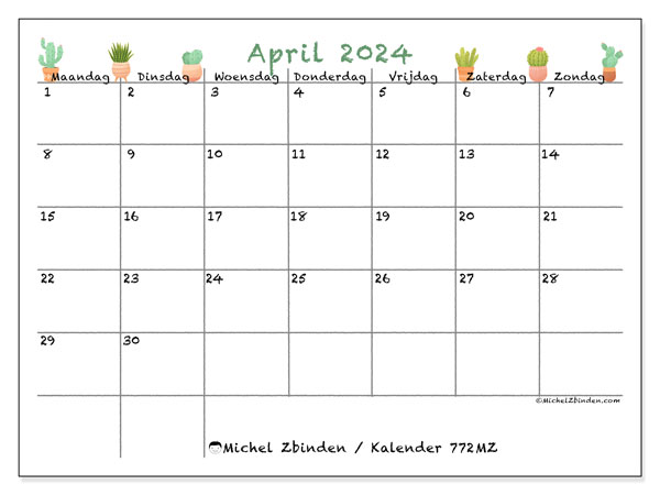 Kalender april 2024 “772”. Gratis printbaar schema.. Maandag tot zondag