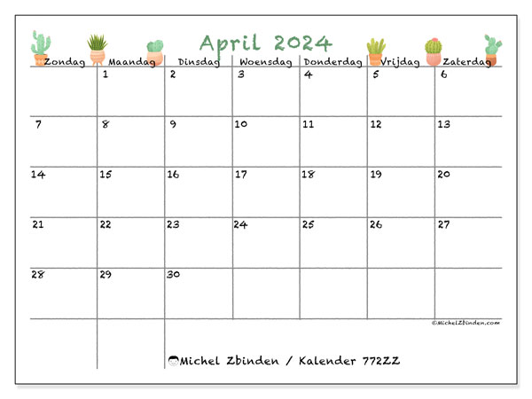 Kalender april 2024 “772”. Gratis printbaar schema.. Zondag tot zaterdag