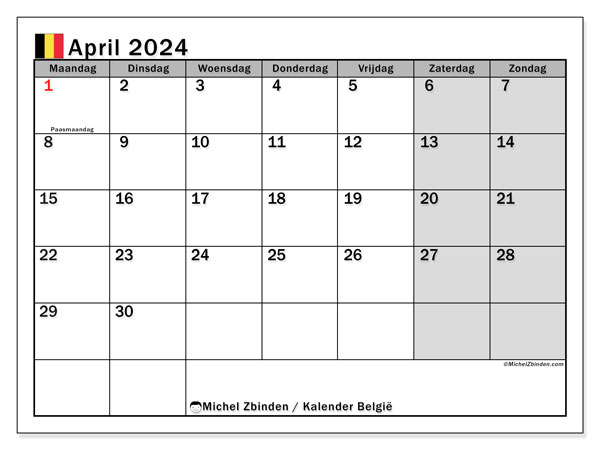 Kalender April 2024, Belgien (NL). Programm zum Ausdrucken kostenlos.