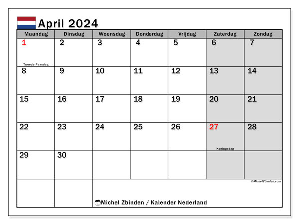 Calendario abril 2024 “Países Bajos”. Programa para imprimir gratis.. De lunes a domingo