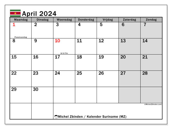 Calendario abril 2024 “Surinam”. Calendario para imprimir gratis.. De lunes a domingo