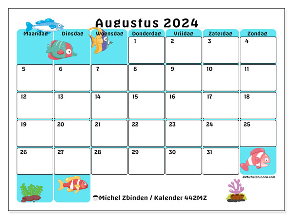 Kalender augustus 2024 “442”. Gratis printbare kaart.. Maandag tot zondag