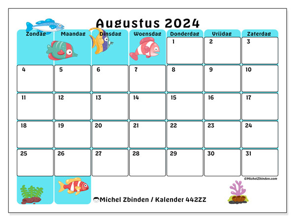 Kalender augustus 2024 “442”. Gratis printbare kaart.. Zondag tot zaterdag