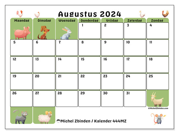 Kalender augustus 2024 “444”. Gratis afdrukbaar programma.. Maandag tot zondag