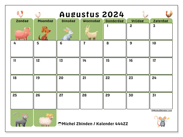 Kalender augustus 2024 “444”. Gratis afdrukbaar programma.. Zondag tot zaterdag
