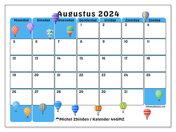 Kalender augustus 2024 “446”. Gratis printbaar schema.. Maandag tot zondag
