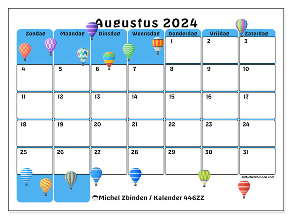 Kalender augustus 2024 “446”. Gratis printbaar schema.. Zondag tot zaterdag