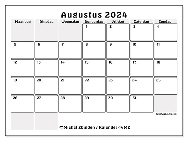 Kalender augustus 2024 “44”. Gratis afdrukbare kalender.. Maandag tot zondag