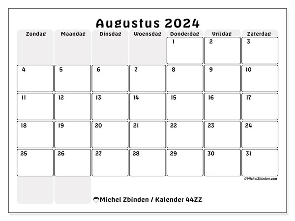 Kalender augustus 2024 “44”. Gratis afdrukbare kalender.. Zondag tot zaterdag
