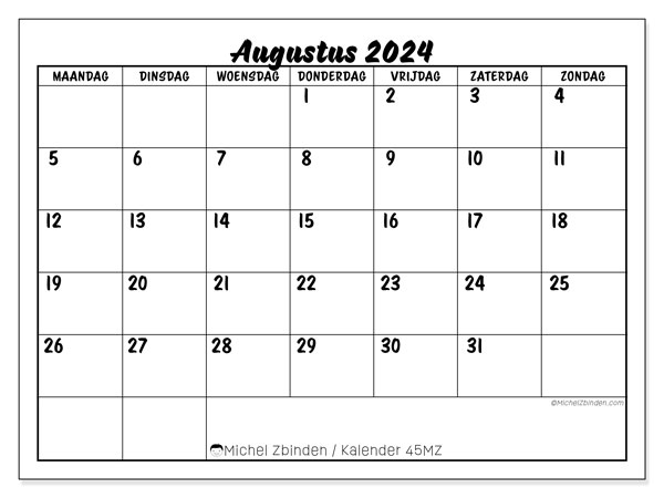 Kalender augustus 2024 “45”. Gratis af te drukken agenda.. Maandag tot zondag