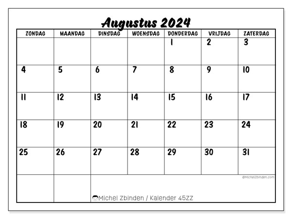 Kalender augustus 2024 “45”. Gratis af te drukken agenda.. Zondag tot zaterdag