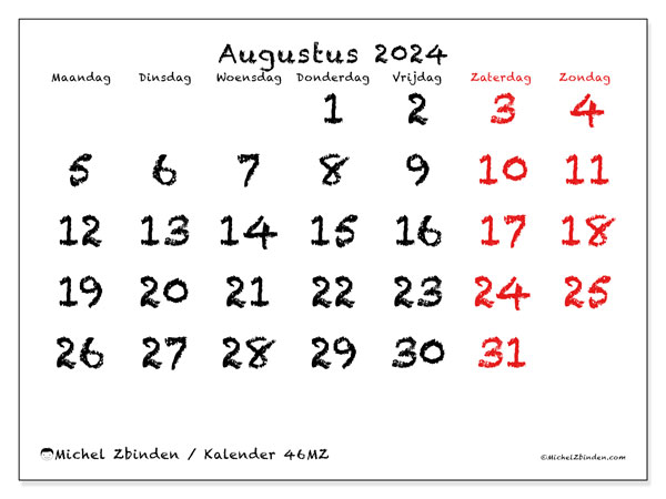 Kalender augustus 2024 “46”. Gratis printbaar schema.. Maandag tot zondag