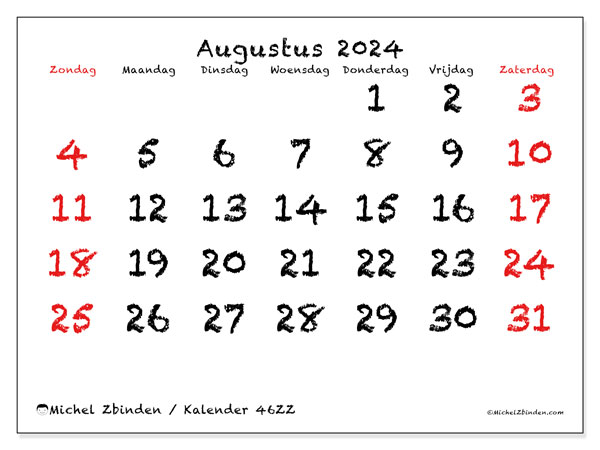 Kalender augustus 2024 “46”. Gratis printbaar schema.. Zondag tot zaterdag