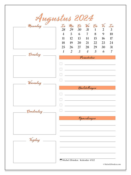 Kalender augustus 2024 “47”. Gratis afdrukbare kalender.. Zondag tot zaterdag