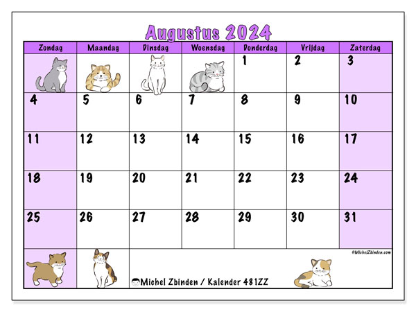Kalender augustus 2024 “481”. Gratis afdrukbare kalender.. Zondag tot zaterdag