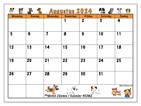 Kalender augustus 2024 “482”. Gratis af te drukken agenda.. Maandag tot zondag