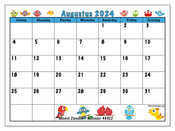 Kalender augustus 2024 “483”. Gratis af te drukken agenda.. Zondag tot zaterdag