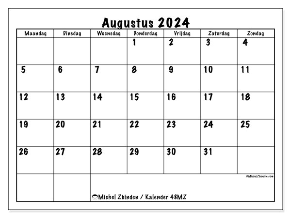 Kalender augustus 2024 “48”. Gratis printbaar schema.. Maandag tot zondag
