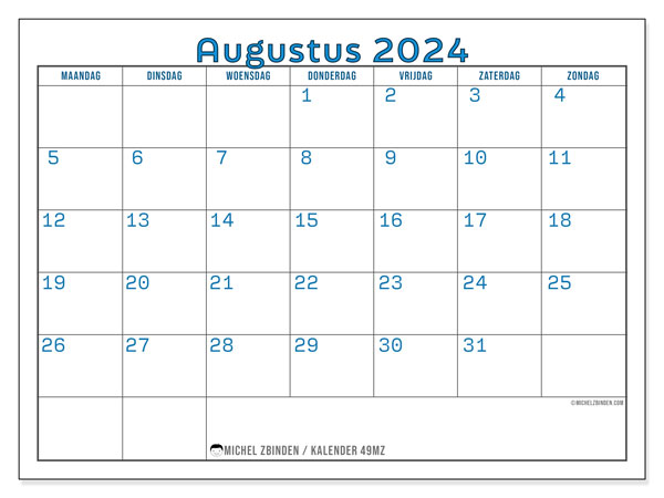 Kalender augustus 2024, 49ZZ. Gratis af te drukken agenda.
