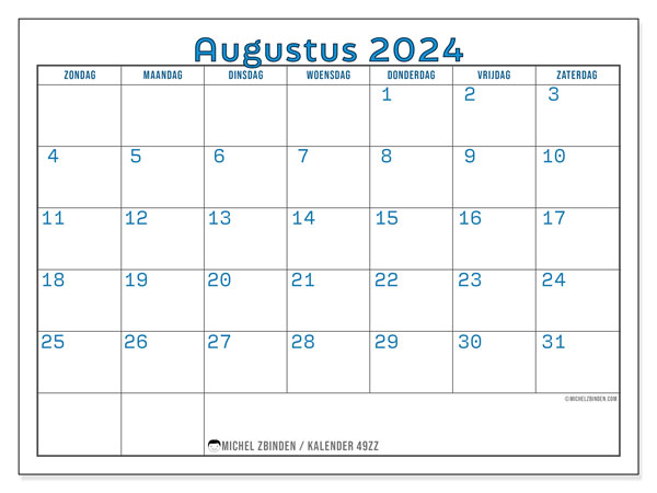 Kalender augustus 2024, 49ZZ. Gratis af te drukken agenda.