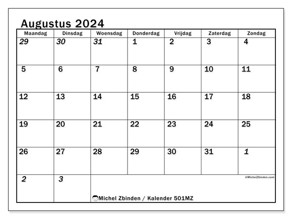 Kalender augustus 2024 “501”. Gratis afdrukbare kalender.. Maandag tot zondag