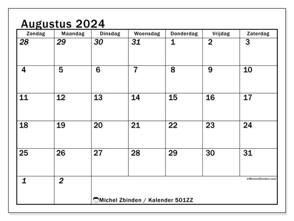Kalender augustus 2024 “501”. Gratis afdrukbare kalender.. Zondag tot zaterdag