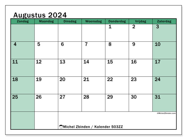 Kalender augustus 2024 “503”. Gratis printbare kaart.. Zondag tot zaterdag