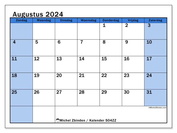 Kalender augustus 2024 “504”. Gratis afdrukbaar programma.. Zondag tot zaterdag