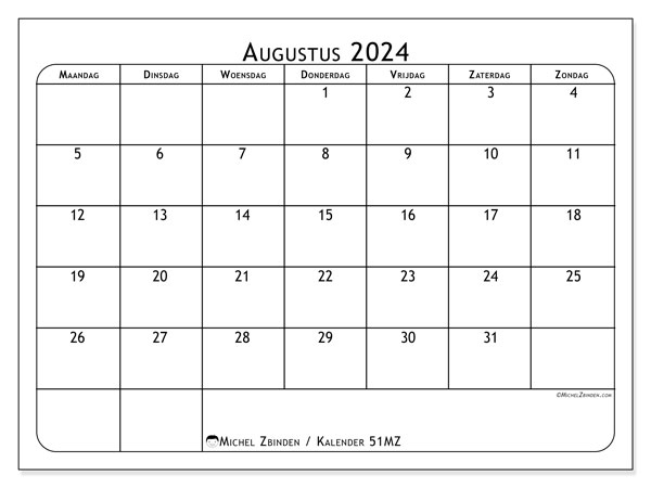 Kalender augustus 2024 “51”. Gratis afdrukbare kalender.. Maandag tot zondag