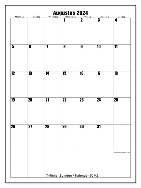 Kalender augustus 2024 “52”. Gratis afdrukbare kalender.. Maandag tot zondag