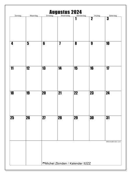Kalender augustus 2024 “52”. Gratis afdrukbare kalender.. Zondag tot zaterdag